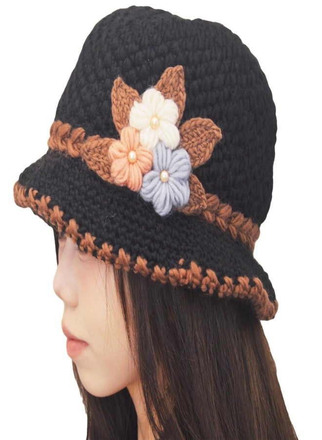 kilsel French Thicken Women's Flowers Knitted-Woolen-Hat Fashion Beanie-Hat Lady Crochet-Bucekt-Hat for Winter Black - Image 2